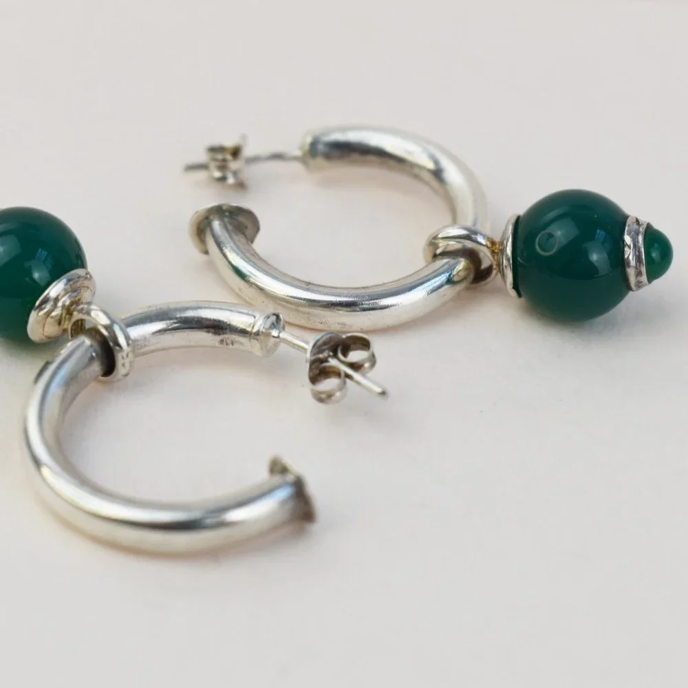 Forest green charm hoop earrings sterling silver, basic medium chunky hoop studs